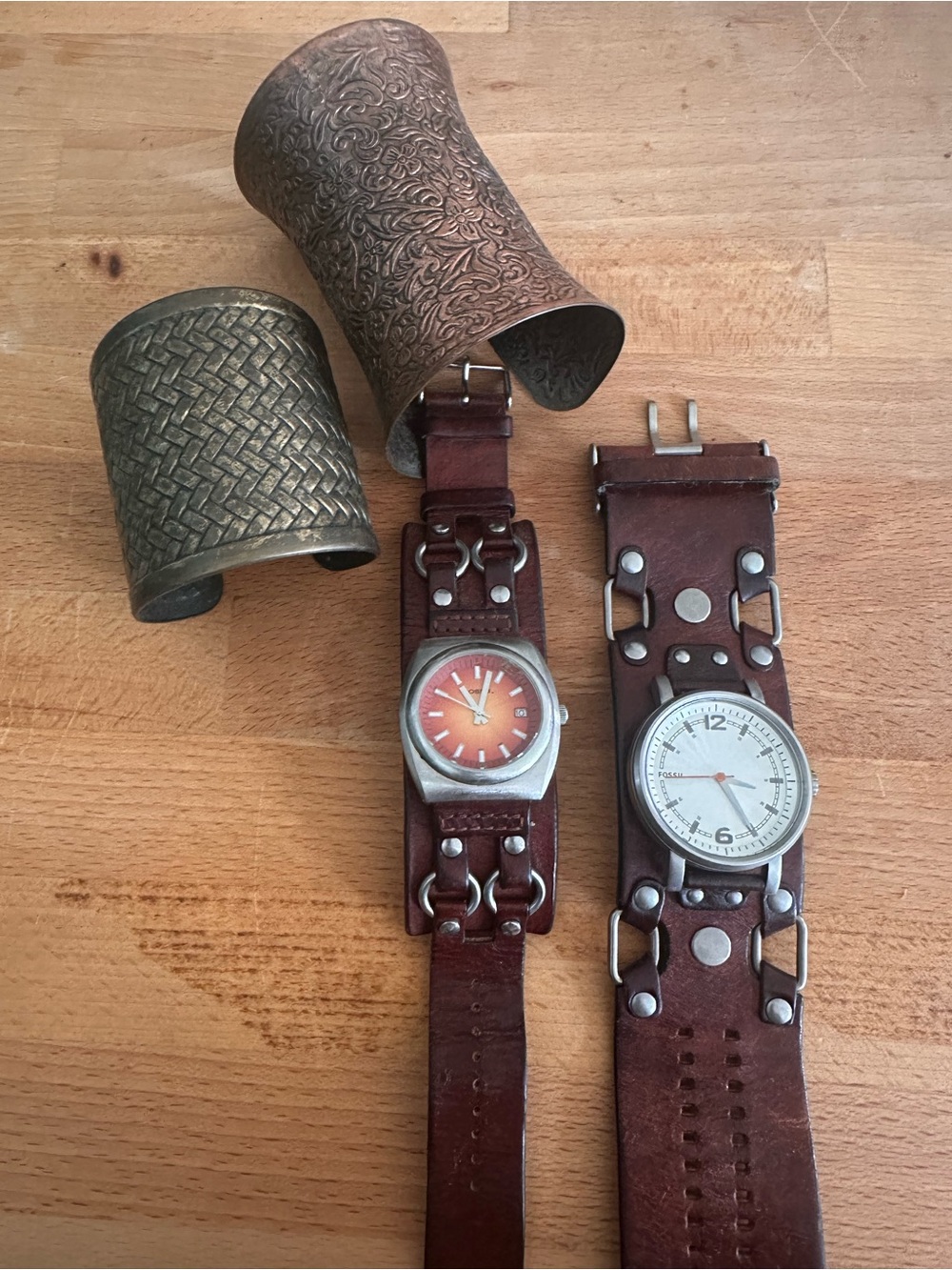 Fossil Men's Brown Leather Cuff Watch with Orange Dial and Silver Case